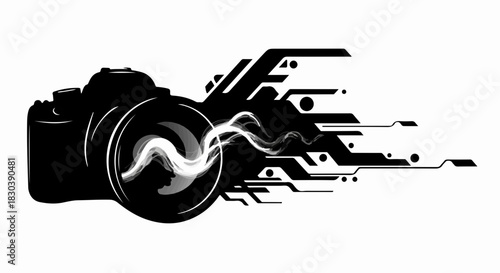 Modern digital camera silhouette with abstract energetic light trails and circuit board elements