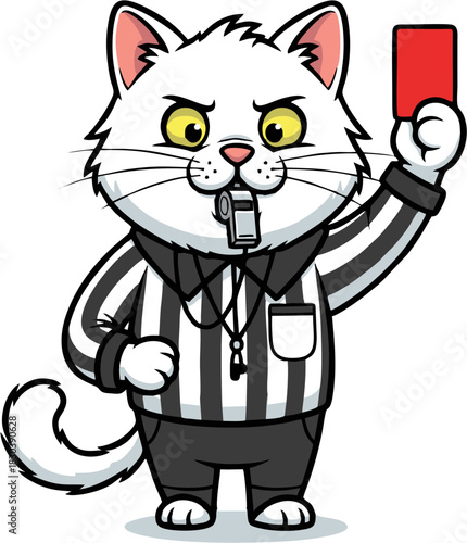 Fluffy White Cat Referee Holding Red Card and Whistle