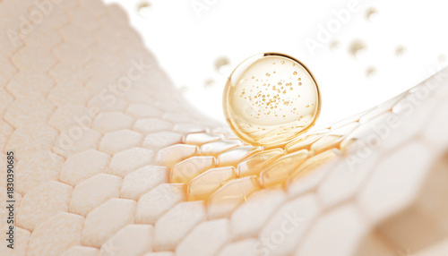 3d dry skin with oil drop texture. Epidermis surface with hexagon cell pattern, gold liquid bubble and stain of serum, collagen gel, hyaluronic essence. Cosmetic skincare background