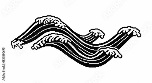 Dynamic stylized waves in black and white, representing ocean power and movement.