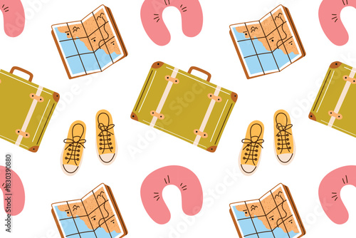 Travel seamless pattern, flat cartoon vector illustration with suitcase, map, neck pillow and sneakers, vacation mood, tourism and leisure theme, playful design for travel and decorative uses