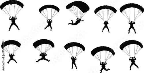Parachutist silhouettes with open parachutes, skydiving descent, extreme aerial sport, outdoor adventure, aviation training, freefall activity, adrenaline lifestyle, dynamic recreation illustration