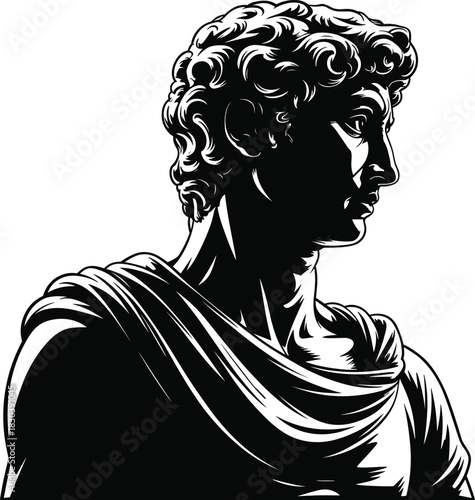 Classical bust silhouette, curly hair male profile, ancient sculpture vector art, cad drawing flat vector illustration