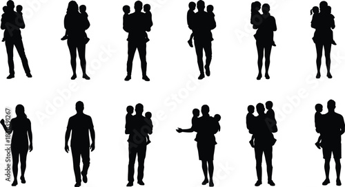 Parent child silhouettes, family illustration, adult holding child, caregiving artwork, parenting design, family bonding, relationship artwork, silhouette collection, family poses, love