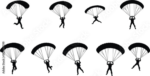 Parachutist silhouettes with open parachutes, skydiving figures, aerial sport activity, extreme adventure, freefall descent, outdoor recreation, aviation training, adrenaline lifestyle illustration