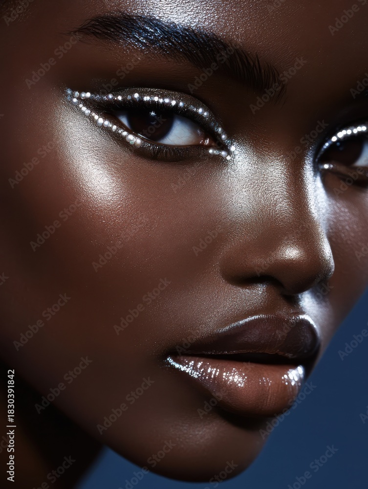Naklejka premium AI-generated fashion editorial concept. Radiant close-up portrait with shimmering makeup accents.