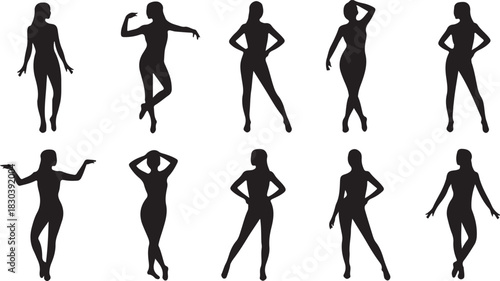 Diverse figures show several graceful silhouettes of slender women with elegant poses transparent background