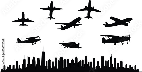 Silhouette of airplanes flying above modern city skyline, mixed aircraft types, aviation travel, transportation concept, urban skyline, air industry background.