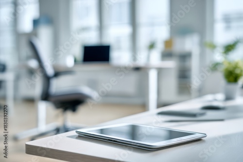 Wallpaper Mural Digital tablet resting on a wooden desk with a blurred modern workspace in the background. Torontodigital.ca