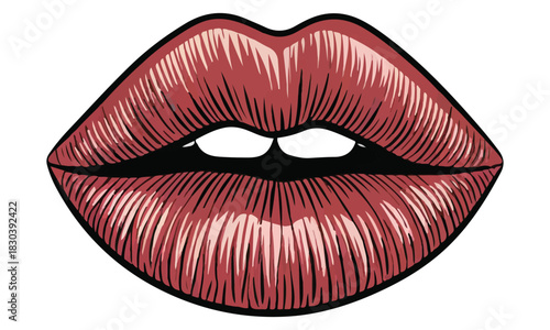Vector 3d Realistic  Female Lips. Love, Sexy, Beauty Concept. Fashion, Makeup, Romance Vector Illustration. Glamorous Woman Glossy Lips Closeup.