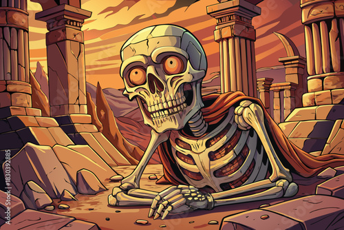 weathered skeleton lies among ancient stone ruins featuring cracked pillars, carved walls, drifting dust, and warm filtered sunlight