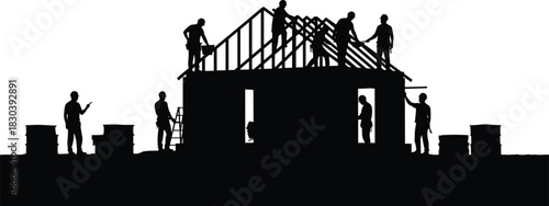 Silhouette of construction workers building a house, teamwork on construction site, labor, roof installation, industrial work, architecture, engineering 