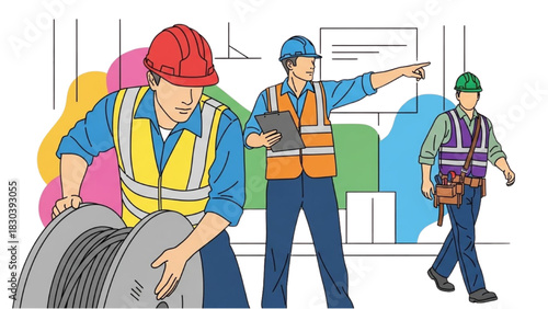 Construction Worker Action Set – Colorful Black Outline Art of Cable Spool Rolling, Clipboard Pointing, Toolbelt Carrying
