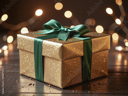 Golden gift box with green ribbon, twinkling star accents in background,A gold and green pairing balances freshness with luxury, radiating festive cheer.