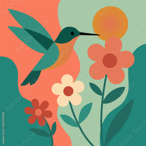 Colorful hummingbird hovering near bright blooming flowers in retro flat style