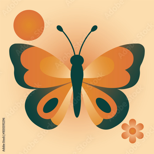 Vibrant orange butterfly with decorative wings and small flower in minimalist style