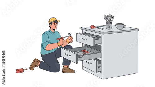 Handyman Assembling Furniture Drawer with Tools and Screwdriver for Home Improvement