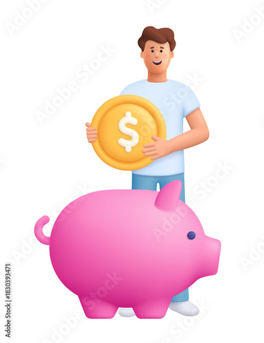 Young smiling man James holding big gold dollar coin, standing next to big pink piggy bank. Personal finance, saving money concept. 3d vector people character. Cartoon minimal style.