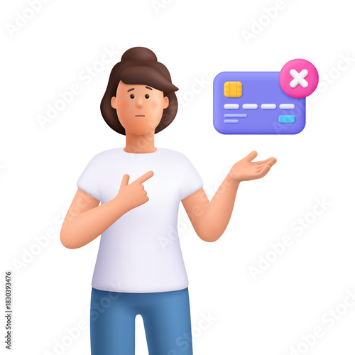 Confused woman Jane pointing at credit card with error symbol. Finance, banking issues, payment failure, declined card and transaction error concept. 3d vector people character. Cartoon minimal style.