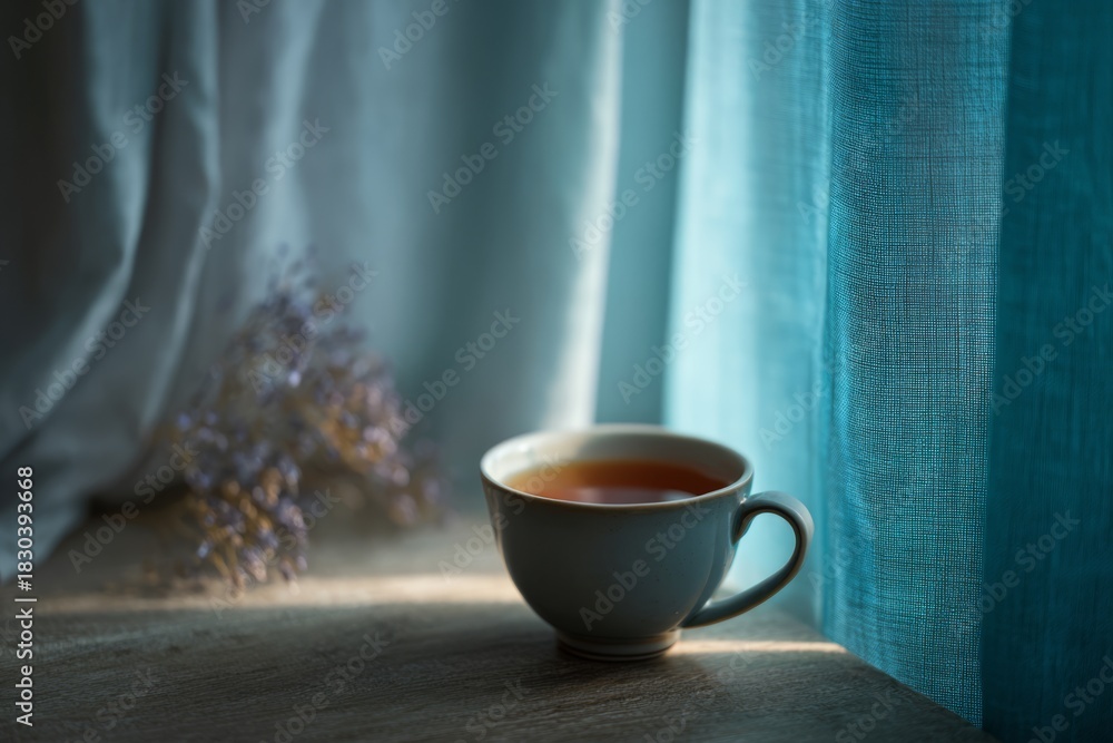 Fototapeta premium Glass cup of tea resting beside flowing soft curtains in gentle natural light.