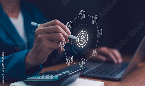 Digital business strategy and management focusing on customer targets. Systematically planning workflow, analysis, and innovation for corporate growth and financial success modern technology solution.