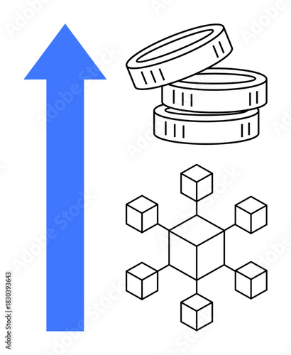 Blue arrow, coin stacks, connected cubes symbolize blockchain development, cryptocurrency rise, decentralized networks. Ideal for finance, technology, investment, innovation growth digital