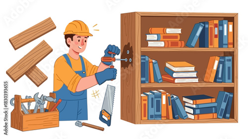 Experienced Handyman Assembling Wooden Bookshelf with Carpentry Tools for Home Renovation Project