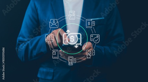 Seamless digital finance payment and money transfer using mobile banking technology. A businessman executes an online transaction via smartphone, symbolizing secure, global fintech.