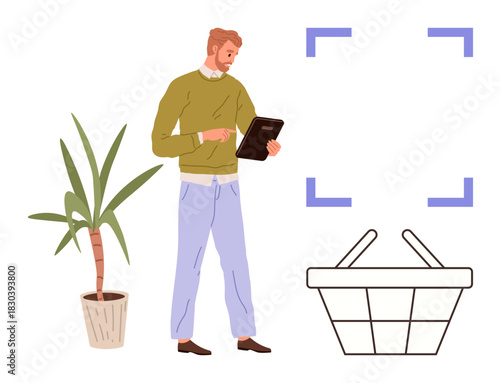 Man holding tablet near potted plant and shopping basket outline with focus frame. Ideal for e-commerce, technology, digital shopping, retail management, consumer behavior, innovation, simple flat