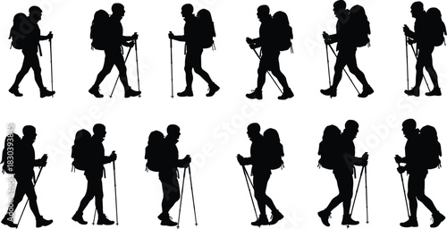 Silhouette of hikers walking with backpacks and trekking poles, outdoor adventure, mountain hiking exploration, camping travel, wilderness journey illustration