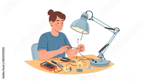 Dedicated Student or Hobbyist Expertly Soldering Electrical Wires and Components for Circuit Assembly and Electronics Project