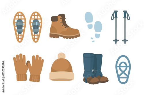 Snowshoeing gear essentials, flat vector illustration with boots and poles