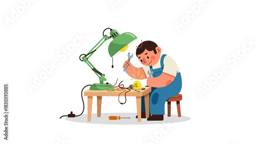 Diligent technician expertly repairing intricate electronics at a workbench, illuminated by a bright desk lamp, showcasing skilled craftsmanship