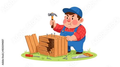 Cartoon Carpenter hammering nails into a wooden box with a determined expression