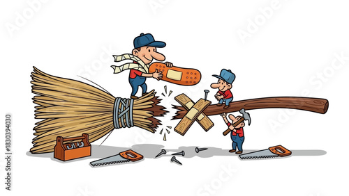 Collaborative team of cartoon repairmen attempting an inefficient and temporary fix on a broken broom handle