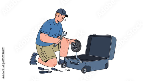 Man repairing a suitcase wheel with tools, sweaty and focused, problem solving, travel