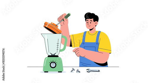 Man repairing blender appliance at home with tool for home maintenance