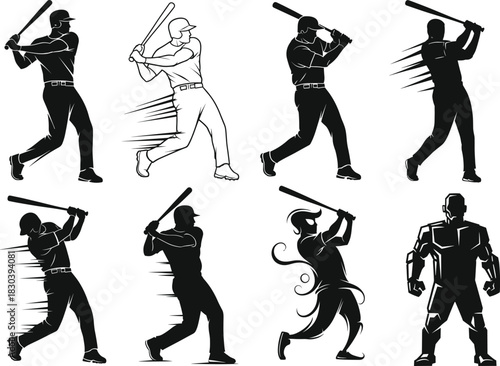 Dynamic baseball player silhouette action poses with swinging bat motion effects, sports athlete artwork for design projects, cad drawing flat vector illustration