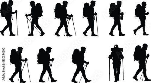 Silhouette of hikers with backpacks walking in mountains, trekking adventure, outdoor exploration, travel lifestyle, hiking people silhouettes collection