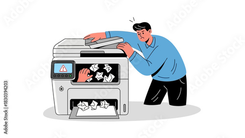 Frustrated Man Struggling with a Paper Jammed Printer Illustration