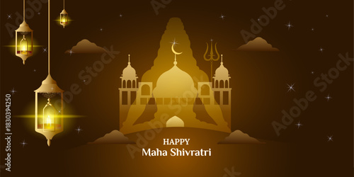 Festival vector illustration for Happy Maha Shivratri with Shiva silhouette inside golden temple, glowing crescent moon, hanging lanterns and stars on dark brown night background
