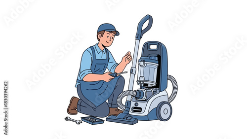Repairman fixing a vacuum cleaner with tools, illustration representing appliance maintenance and service
