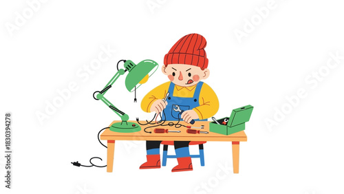 Focused Child Engineer Skillfully Repairs Electronic Components on a Desk, Demonstrating Precision and Technical Curiosity for DIY Projects