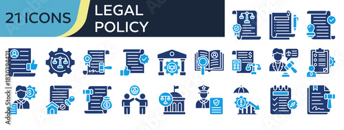 Collection of Legal Policy icons, related to Regulatory Compliance, Summary, Obligation, Permit, Civil Rights and more. Solid icons vector illustation.