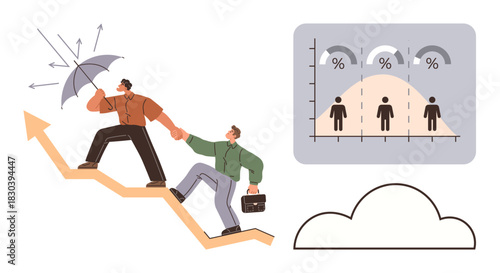 Two people climbing arrow graph braving challenges with umbrella, diagram of data distribution, and cloud. Ideal for teamwork, progress, analysis, leadership, problem-solving, innovation simple flat
