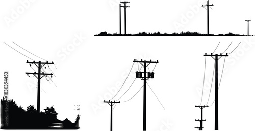 Silhouette of power poles and electric wires in countryside landscape, electricity transmission infrastructure for rural energy and utility network concept