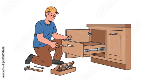 DIY home improvement man assembling a cabinet with tools, illustration