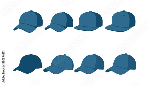 Baseball cap collection, flat vector illustration, headwear, design, sport