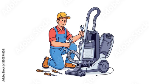 Professional technician providing maintenance service and repair for a broken vacuum cleaner appliance