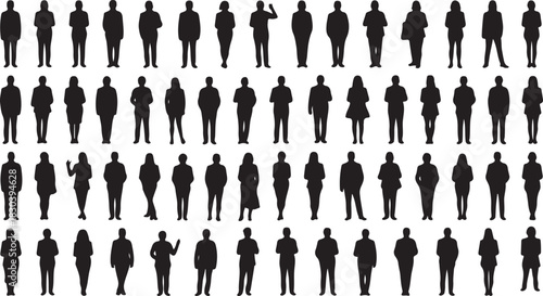 Several silhouette people standing in rows showing different poses on a transparent background